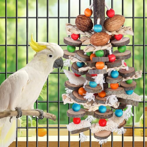 BBjinronjy Large Parrot Toys Bird Chewing Toys-Natural Nuts Corn Loofah Wooden Bird Cage Toy for African Grey,Macaws,Conure,Cokatoos,Cockatiel