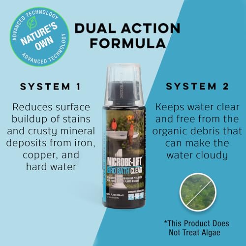 Microbe-Lift Bird Bath Clear Two-in-One Water Cleaner – 4 Oz – Safe for Birds, Fish & Frogs – Cleans Outdoor Birdbaths & Fountains – Natural Formula