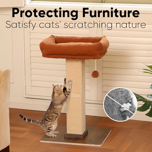 FUKUMARU Cat Scratching Post, Retro-Style Tall Scratch Posts with Perch for Infoor Cats Adults, Large Cat Scratcher Tower with Bed, Natural Sisal