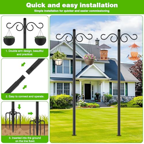 Double Shepherds Hooks for Outdoor,2 Pack 90 Inch Bird Feeder Pole with 5 Prongs Base,Heavy Duty Shepherds Hook,Suitable for Garden in Hanging Flower