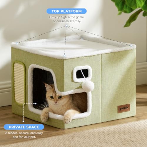 ZOMISIA Cat Beds for Indoor Cats - Large Cat House for Pet with Fluffy Ball Hanging and Scratch Pad, Foldable Cat Hideaway,16.5x16.5x13 inches, Grey
