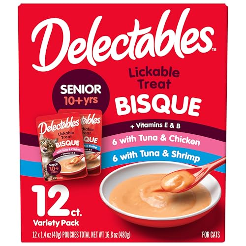 Delectables Lickable Treat Bisque Senior 10+ Wet Cat Treat Variety Pack, Food Topper, Hydrating, Grain-Free, No Fillers, No By-Products, No Added