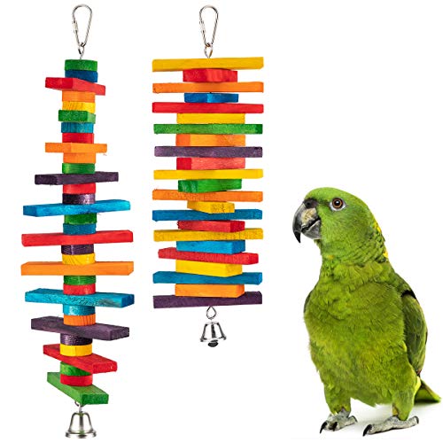 MEWTOGO 2Pcs Bird Toys - Parrot Toys with Multicolored Natural Wooden Blocks, Bird Chewing Sticks Toys for Conures Parakeets Cockatiels Lovebirds