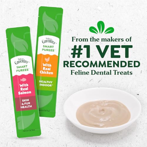 Greenies Feline Smart Purees Skin & Fur Health Lickable Cat Treats with Real Salmon, 0.49 oz. Tubes, 20 Count