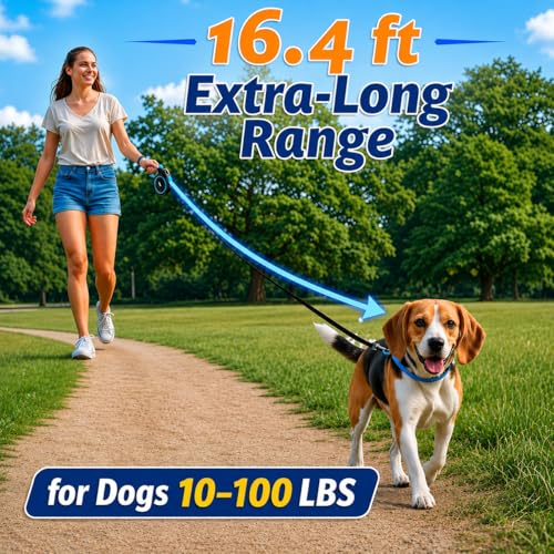 16.4 ft Retractable Dog Leash for Dogs 10–100 lbs - Heavy Duty Tape Leash with Strong Nylon Tape - 360° Swivel Control - One-Click Brake & Lock