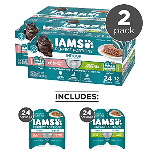 IAMS Perfect Portions Indoor Adult Grain Free Wet Cat Food Pate, Turkey and Salmon Recipe, 2.6 oz. Twin-Pack Trays (12 Count, 24 Servings) (Pack of 2)