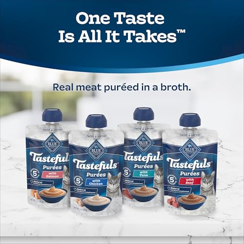 Blue Buffalo Tastefuls Purées Natural Cat Food Complement with 5 Ingredients, Chicken, Tuna, Beef, 3-oz Resealable Pouches, 12-ct Variety Pack