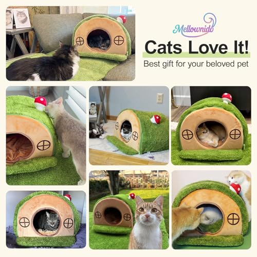 Cat House for Indoor Cats - Tree Hole Cat Bed Cave Hideaway | Enclosed Calming Shelter for Small Medium Pets, Removable & Washable Cushioned Pillow