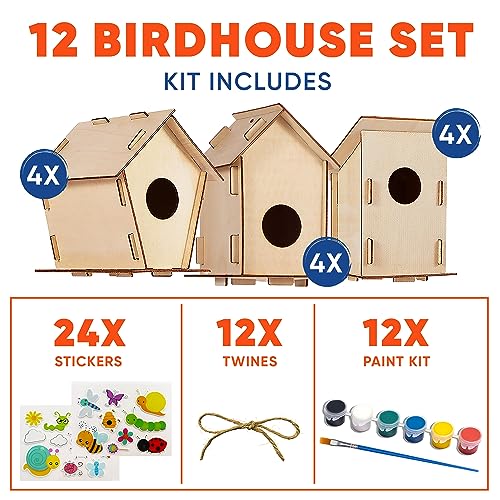 12 DIY Bird House Kits For Children to Build - Wood Birdhouse for Kids to Paint - Unfinished Bird Houses - Spring Crafts Kits - Wooden Arts & Craft