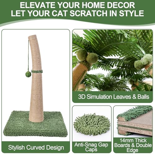 40'' Tall Cat Scratching Post Cat Tree, Curved Design Cat Scratcher Post with 3 Interactive Balls, Natural Sisal Rope Cat Scratching Posts for Indoor