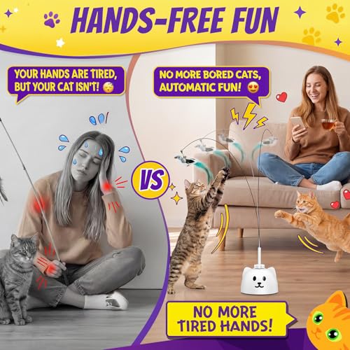 Interactive Cat Toys for Indoor Cats: Upgraded 360° Automatic Spin Flying Bird Feather Wand with Silicone Protected Rod Safe Play, Strong 8cm Suction