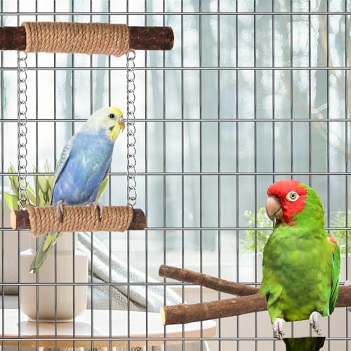 7-Piece Bird Perches for Cage- Wooden Parrot Stand with Fork Toys, Hanging Multi-Branch Platform, Hammock Swing, Gym Playstand & Chewing Toys - for