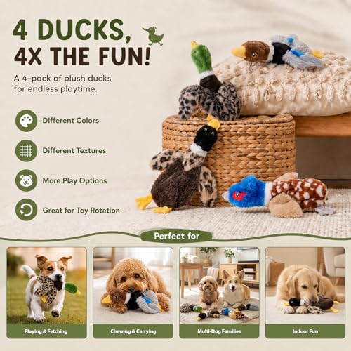 Dog Squeaky Toy Set – 4-Pack Durable Plush Duck, Pheasant, Goose for Small and Medium Dogs – Soft Bird Chew Toys with Crinkle Sound for Puppy Play