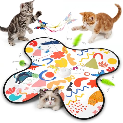 Interactive Cat Toys for Indoor Cats–Rechargeable Automatic Hide and Seek Kittens Toy with Moving Wand Feathers,Fluttering Butterfly,Real Mouse