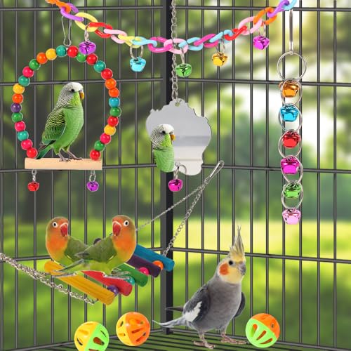 Bird Toys for Parakeets, Parrots, Conures, Cockatiels, Love Birds, Finches, Mynah, Budgerigar - 9Pcs Wooden Ladder Bridge, Swing, Hammock, Cage