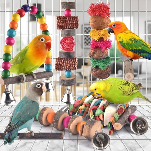 Bissap Bird Chew Toys, 7 Packs Parakeet Natural Wood Toys Parrot Hanging Cage Toy Perch Stand for Small Birds Conure Cockatiel Parrotlet Lovebird