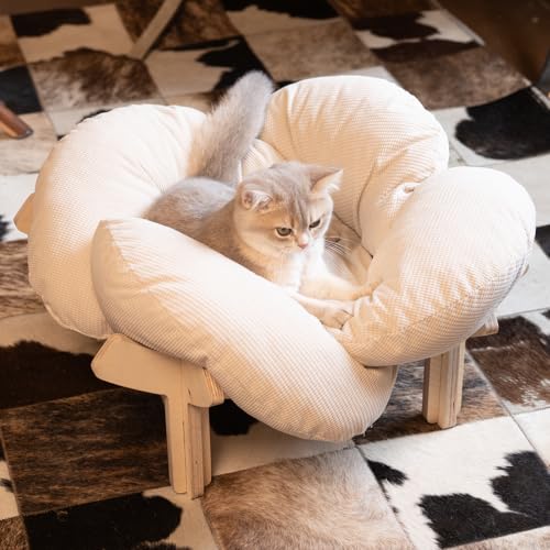 CHEERHOME PETS Elevated Cat Bed Wooden with Cushion Fluffy Pet Couch Sofa for Indoor Cats Raised Kitty Lounge Chair Suitable for Puppy, Cat