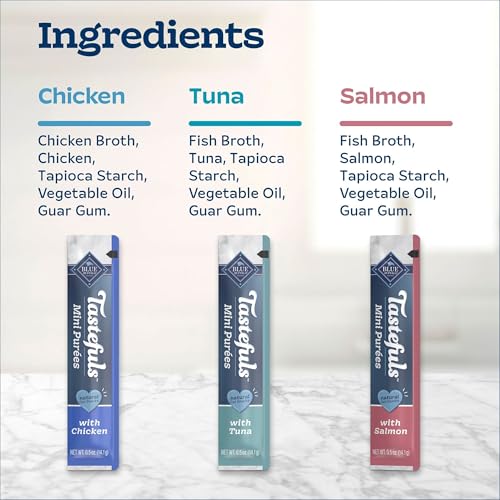 Blue Buffalo Tastefuls Mini Purées Natural Cat Treats, Chicken, Tuna, Salmon Variety Pack, 0.5 oz. Single Servings, 24-Count