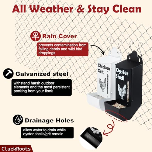 CluckRoots Chicken Grit and Oyster Shell Feeder Combo, No-Spill Weatherproof Heavy-Duty Design, Lift-Off Wall-Mounted Metal Dispenser w/View Window