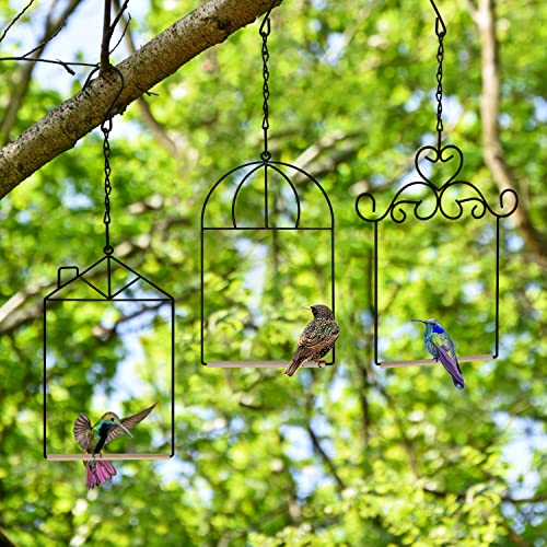 3PK Metal Frame Hummingbird Swings and Perches with Wooden Dowel Black Bird Swing Outdoor Bird Perch Humming Bird Swing