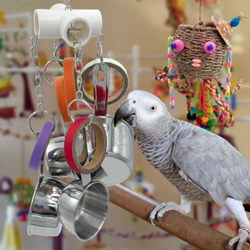 Durable Bird Parrots Pots and Bagel Toys, Pullable Stainless Steel Cup and Cardboard Ring Toys for s Mini Macaws African Greys Cockatoos Eclectus