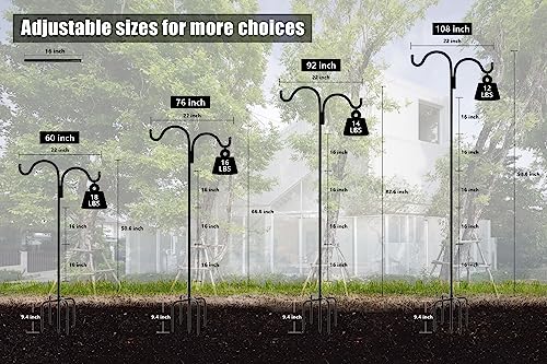 Gtongoko Double Shepherds Hook for Outdoor, 92 Inch Bird Feeder Pole with 5 Prongs Base, 5/8 Inch Thick Heavy Duty Adjustable Garden Hook for Hanging