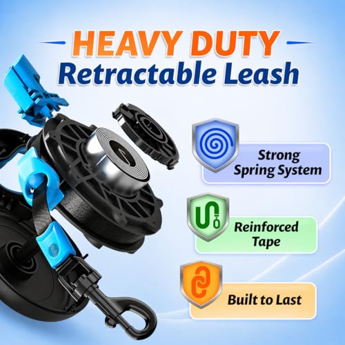 16.4 ft Retractable Dog Leash for Dogs 10–100 lbs - Heavy Duty Tape Leash with Strong Nylon Tape - 360° Swivel Control - One-Click Brake & Lock