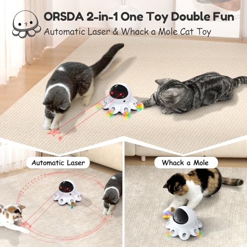 ORSDA Cat Laser Toy, 2-in-1 Interactive Automatic Motion Activated Moving 8 Holes Whack A Mole Feather, USB Rechargeable Electronic Smart Sensor