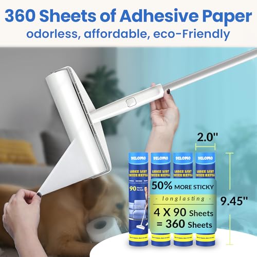 Large Lint Roller for Floors Carpet Furniture Bed – 9.45" Wide Extra Sticky Pet Hair Remover, 4 Refills 360 Sheets Value Pack, Long Handle for