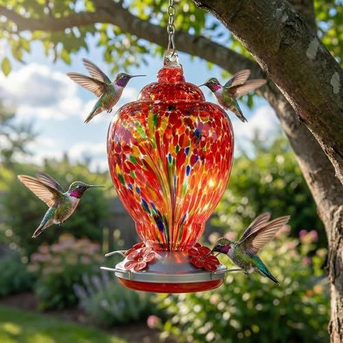 WOSIBO Hummingbird Feeder for Outdoors Patio Large 32 Ounces Colorful Hand Blown Glass Hummingbird Feeder with Ant Moat Hanging Hook, Rope, Brush and