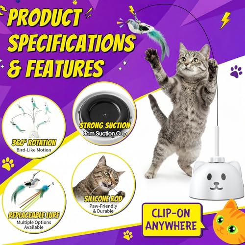 Interactive Cat Toys for Indoor Cats: Upgraded 360° Automatic Spin Flying Bird Feather Wand with Silicone Protected Rod Safe Play, Strong 8cm Suction
