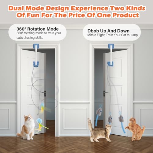 Interactive Cat Toy, Flapping Bird & Rotating Feather Teaser for Indoor Cats, Hanging Doorway Cat Toys with Fishing Pole for Exercise, Boredom Relief