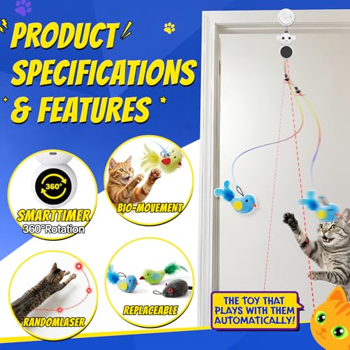Interactive Cat Toys for Indoor Cats - 2 in 1 Automatic Laser Pointer Cat Toy with Flying Bird，Smart Moving Wand Toy with 2 Modes, Doorway Hanging