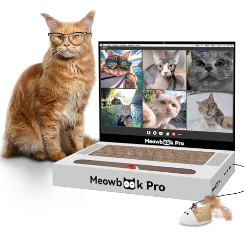 Cat Scratcher Laptop Cat Toy with 'Mouse' Jingle Ball, Stickers, 3-in-1 Cardboard Cat Interactive Toy, Kitten Cardboard Scratching Pad