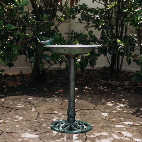 Backyard Expressions Outdoor Garden Bird Bath with Bird - Green - Weather Resistant Polyresin - 30 Inch -