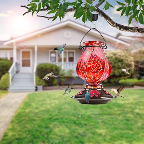 BOLITE Hummingbird Feeder, Hand Blown Glass Hummingbird Feeders for Outdoors Hanging with Ant Moat, 5 Bee-Proof Ports, Leak-Proof, 360° Perch, 22oz