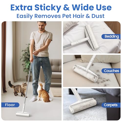 Large Lint Roller for Floors Carpet Furniture Bed – 9.45" Wide Extra Sticky Pet Hair Remover, 4 Refills 360 Sheets Value Pack, Long Handle for