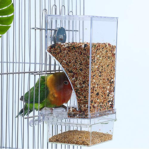 Hamiledyi No Mess Bird Cage Feeder Automatic Parrot Seed Feeders with Perch Acrylic Transparent Seed Food Container Cage Accessories for Small and