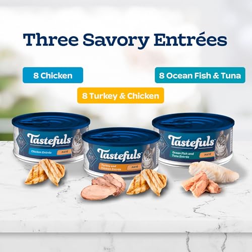 Blue Buffalo Tastefuls Wet Cat Food Paté Variety Pack, Made with Natural Ingredients, Chicken, Turkey & Chicken, Ocean Fish & Tuna Entrées, 5.5-oz