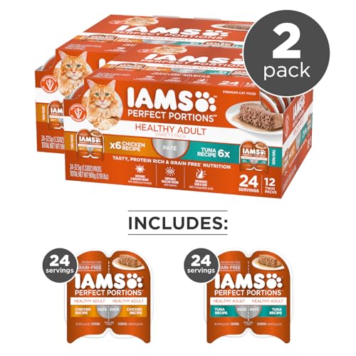 IAMS Perfect Portions Sensitive Digestion & Skin Wet Cat Food Pate, Healthy Adult Grain Free Pate, Chicken and Tuna Recipe, 2.6 oz. (24 Twin Packs)