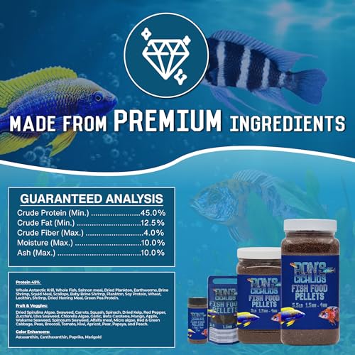 RON'S CICHLIDS Adult African Cichlid Fish Food Pellets – USA Made Slow Sinking Cichlid Pellets & Sticks Feed, Low Fillers, Ideal for Cichlid Food
