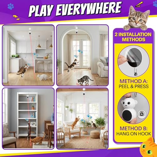 Interactive Cat Toys for Indoor Cats: 2 in 1 Laser Pointer Cat Toy with Automatic Flying Bird & Mouse Wand, Smart Motion Mode Adjustable Speed, USB