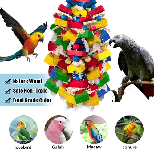 Parrot Toys for Large Birds, Multicolored Wooden Blocks Bird Chewing Toy Parrot Cage Bite Toy for Macaws Cokatoos African Grey and Large Medium