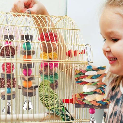 Bissap Bird Chew Toys, 7 Packs Parakeet Natural Wood Toys Parrot Hanging Cage Toy Perch Stand for Small Birds Conure Cockatiel Parrotlet Lovebird