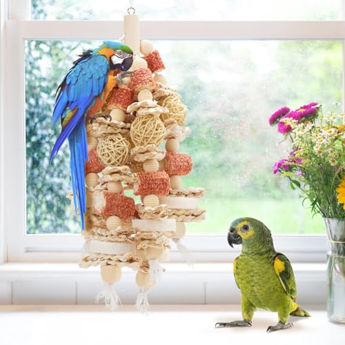 Bird Toys that is 17.5 Inches in Length, Parrot Toy Designed for Chewing Features Natural Corn cob and Loofah Slices, Can Be Hung in Large and