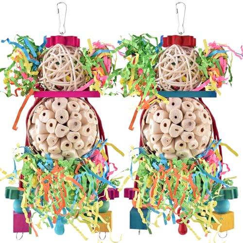 Bissap 2PCS Bird Parrot Foraging Shredder Hanging Toys Sola Balls Sepak Takraw with Pacifier for Small Parrots Parakeets Conures Cockatiels Love