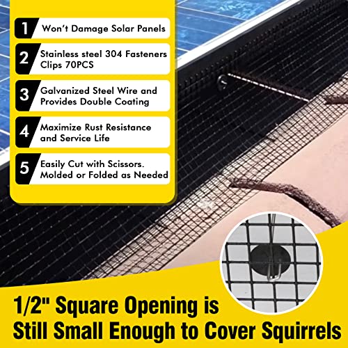 6in X 100ft Solar Panel Bird Guard,Solar Panel roof Protection net 1/2inch Mesh PVC Black Vinyl Coated Galvanized net 70 Fastener ClipsUsed for