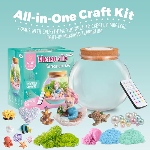 JOYEEMAX Mermaid Light-Up Terrarium Kit for Kids - LED Night Light Birthday Gift for Girls Ages 4 5 6 7 8-12 Year Old - Mermaid Toys for Girls - DIY
