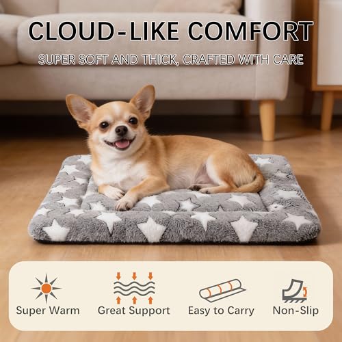 Dog Bed Mat, Reversible Crate Pad & Cute Dog Bed - Machine Washable Kennel Mat with Ultra Soft for Small Dogs (Cool/Warm), 24" x 18", Grey&Star
