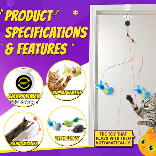 Interactive Cat Toys for Indoor Cats: 2 in 1 Laser Pointer Cat Toy with Automatic Flying Bird & Mouse Wand, Smart Motion Mode Adjustable Speed, USB